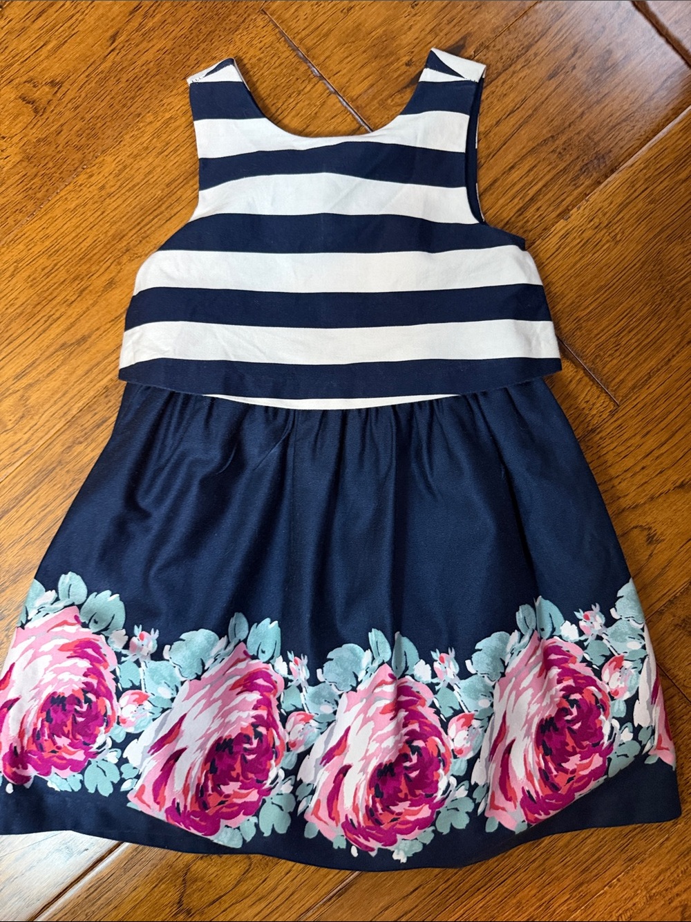 Adorable Navy Striped Floral Hem Girls' Dress